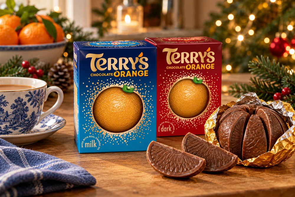 Terry's milk and UK dark Chocolate Orange boxes with chocolate segments on a Christmas table