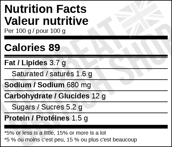 McDonnells The Original Curry Sauce - 82g nutrition facts label / valeur nutritive