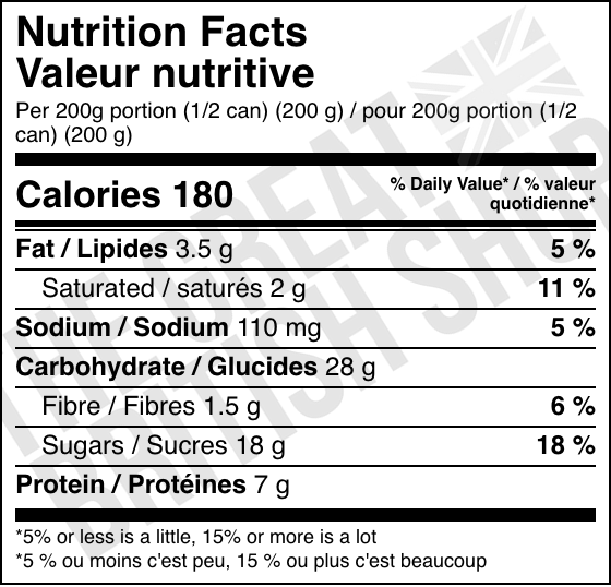 Ambrosia Macaroni Pudding - 400g nutrition facts label / valeur nutritive