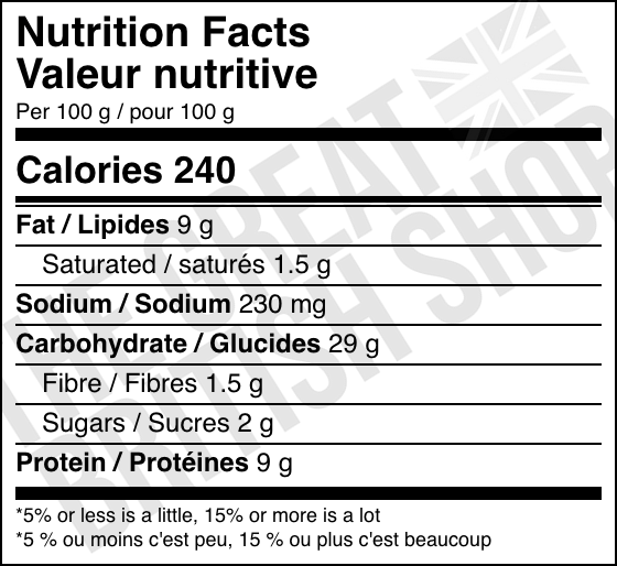 Aunt Bessie's Yorkshire Pudding Mix - 120g nutrition facts label / valeur nutritive