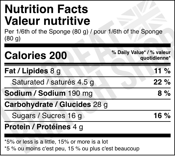 Green's Chocolate Sponge Mix - 221g nutrition facts label / valeur nutritive