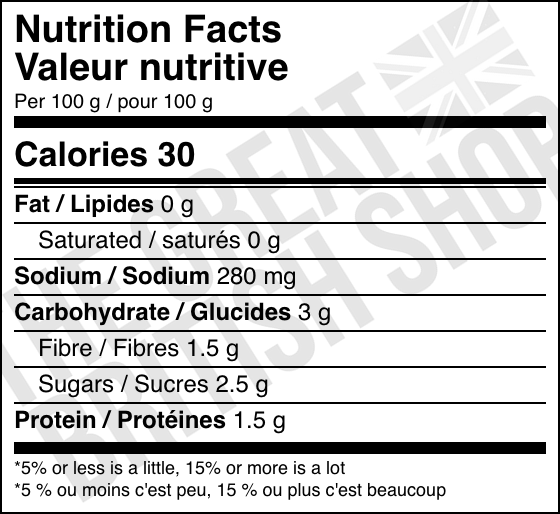 Thurstons Pickled Onions - 650g nutrition facts label / valeur nutritive