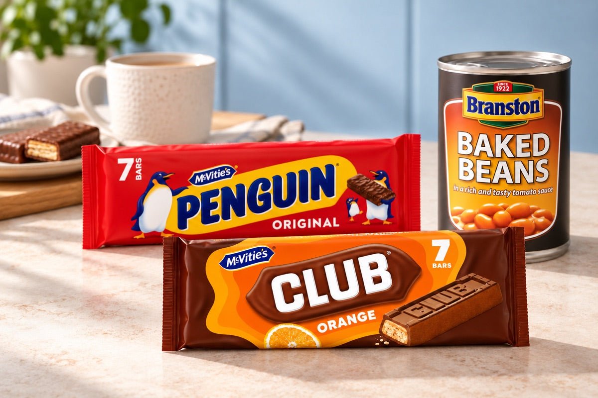 Club Orange in its current packaging, Penguin biscuits and Branston beans, arranged beside a mug of tea