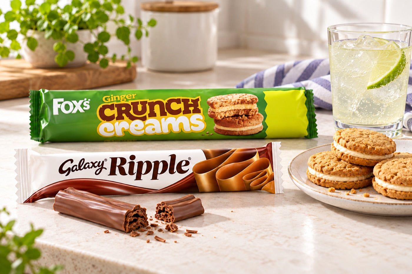 Galaxy Ripple and ginger cream biscuits with a glass of lime soda