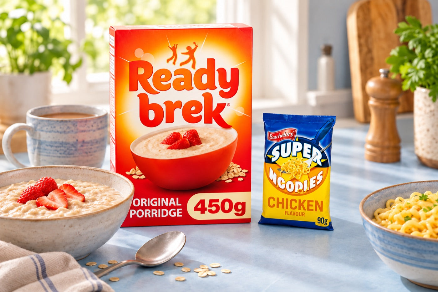 Ready Brek, Super Noodles and a proper packet of crisps give this Island selection its everyday character arranged as a styled kitchen scene