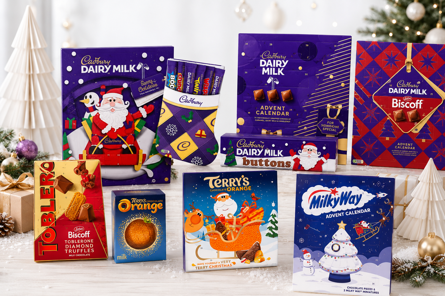 A table laid with British Christmas chocolate