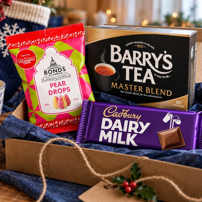 Cadbury Dairy Milk, Barry's tea and Bonds Pear Drops in a Christmas gift box
