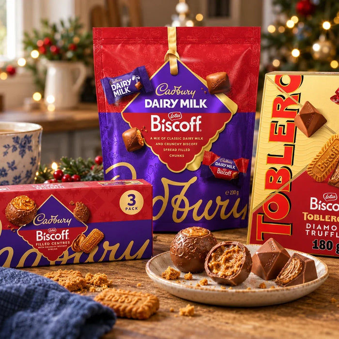 Cadbury Biscoff Baubles and Dairy Milk Biscoff pouch beside Toblerone Biscoff truffles