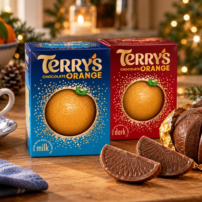 Terry's milk and UK dark Chocolate Orange boxes with chocolate segments on a Christmas table