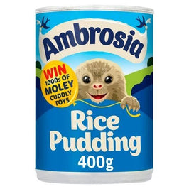 Ambrosia Creamy Rice Pudding 400g, the front of the tin with blue label design.
