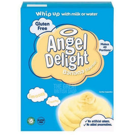 Angel Delight Banana 600g: front of the box showing a whipped banana dessert swirl.