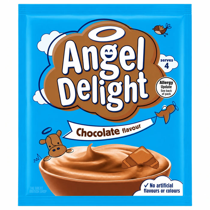 Angel Delight Chocolate 59g sachet, with a blue front, chocolate dessert illustration and Allergy Update notice.