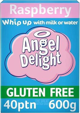 Angel Delight Raspberry 600g: front of the box showing the pink cloud logo and gluten free text.