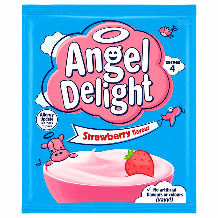 Angel Delight Strawberry 59g, blue sachet with pink lettering, a strawberry dessert illustration and allergy-update notice.