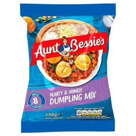 Aunt Bessie's Hearty Dumpling Mix 140g, front of the pack showing dumplings in stew on a plate.