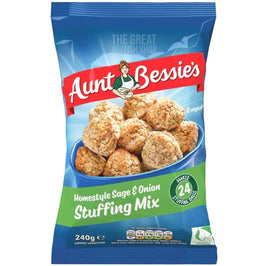 Aunt Bessie's Homestyle Sage & Onion Stuffing Mix 240g, front of the pack showing stuffing balls in a blue bowl.