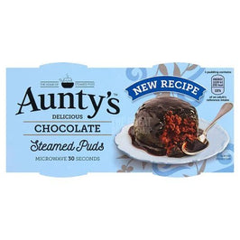 Aunty's Chocolate Steamed Puds 190g, pack showing two puddings with a plated pudding photo.