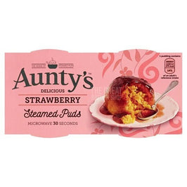 Aunty's Strawberry Pudding 190g: front of the pack showing a plated steamed pudding with sauce.