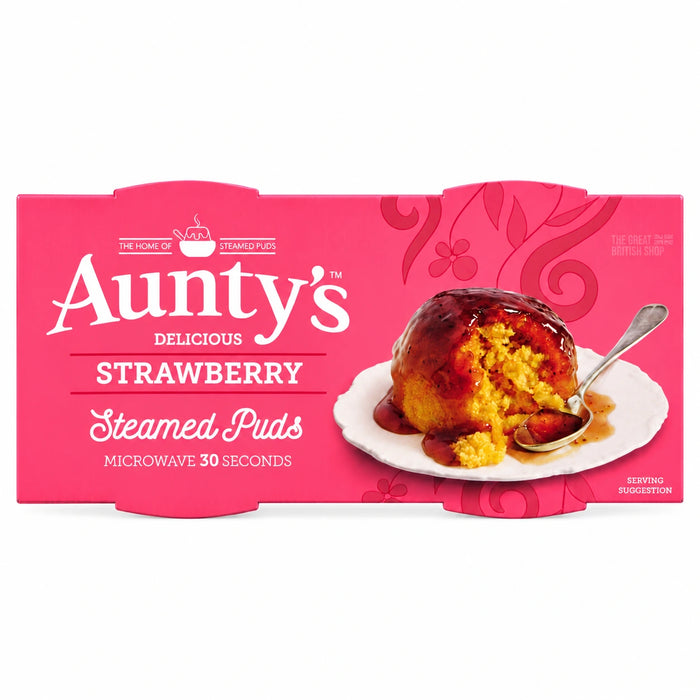 Aunty's Strawberry Pudding - 190g, current UK packaging shown from the front