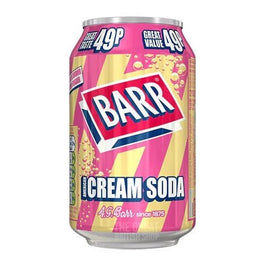 Barr American Cream Soda 330ml: front of the pink and yellow can.