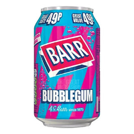 Barr Bubblegum 330ml: front of the can in pink and blue with bubble design.