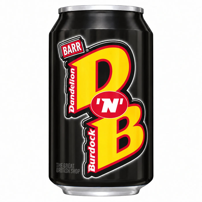 Barr Dandelion and Burdock  330ml, front view of the original product packaging.