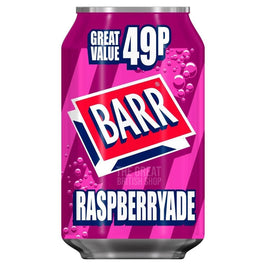 Barr Raspberryade 330ml: front of the pink can with bubble design.