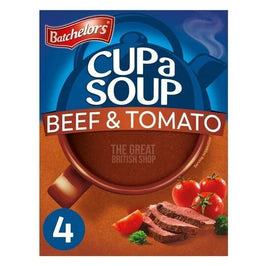 Batchelors Cup a Soup Beef & Tomato 4 Pack: front of the box showing a mug of soup, tomatoes and beef slices.