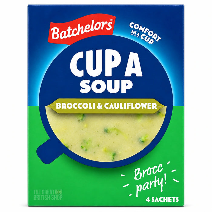 Batchelors Cup A Soup Broccoli & Cauliflower - 4 Pack, front view of the UK Batchelors carton