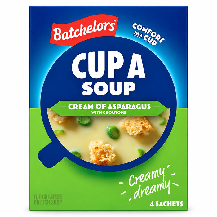 Batchelors Cup A Soup Cream of Asparagus with Croutons - 4 Pack, front view of the UK Batchelors carton