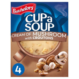 Batchelors Cup a Soup Cream of Mushroom with Croutons 4 Pack: front of the box showing a filled mug and mushrooms.