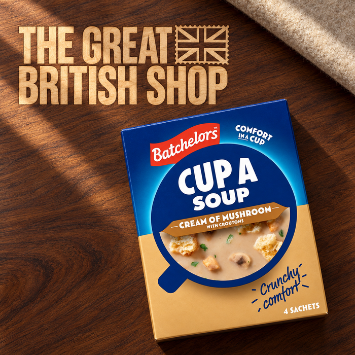 Batchelors Cup A Soup Cream of Mushroom with Croutons, 4 sachets, in a walnut flat lay with native Great British Shop wood inlay and an oatmeal felt edge.