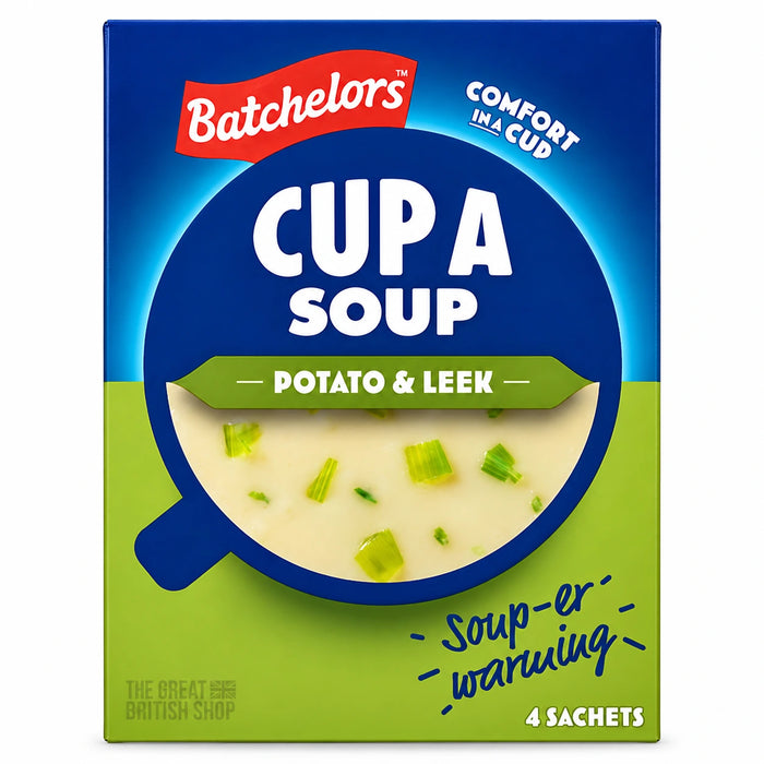 Batchelors Cup A Soup Leek And Potato - 4 Pack, front view of the UK Batchelors carton