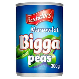 Batchelors Marrowfat Bigga Peas 300g: the front of the tin, showing the blue label with pea pods.