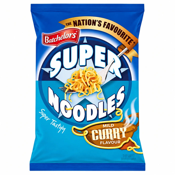 Batchelors Mild Curry Super Noodles 90g, front view of the original product packaging.