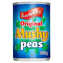 Batchelors Original Mushy Peas 300g, front of the tin showing the blue label.