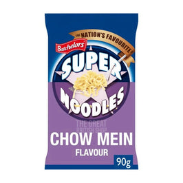 Batchelors Super Noodles Chow Mein Flavour 90g: front of the pack showing noodles on a fork.