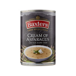 Baxters Chef Selections Cream of Asparagus 400g, front of the can with a bowl of soup shown.