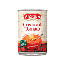 Baxters Favourites Cream of Tomato 400g, the front of the tin showing a bowl of soup with croutons.