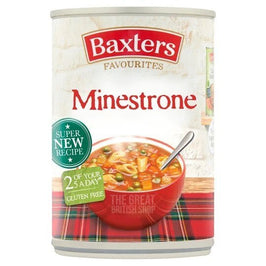 Baxters Favourites Minestrone Soup 400g, the can showing a bowl of soup on tartan fabric.