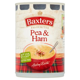 Baxters Favourites Pea & Ham 400g, front of the can showing a bowl of soup with a spoon.