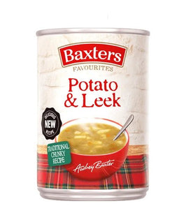 Baxters Favourites Potato & Leek Soup 400g, front of the tin showing a bowl of soup.