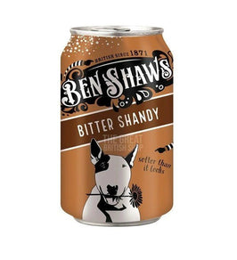 Ben Shaws Bitter Shandy 330ml: the bronze can with a bull terrier holding a flower.
