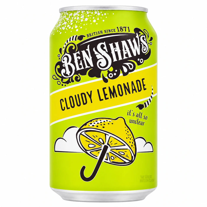 Ben Shaws Cloudy Lemonade 330ml can, with a yellow-green label and a lemon-shaped umbrella illustration.