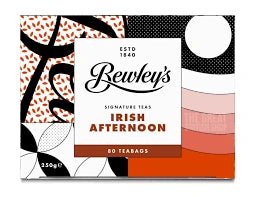 Bewley's Irish Afternoon 80 Tea Bags: front of the box with bold black, white and orange pattern