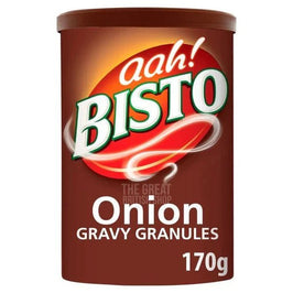 Bisto Onion Gravy Granules 190g, brown cylinder with a brown lid and red Bisto logo.