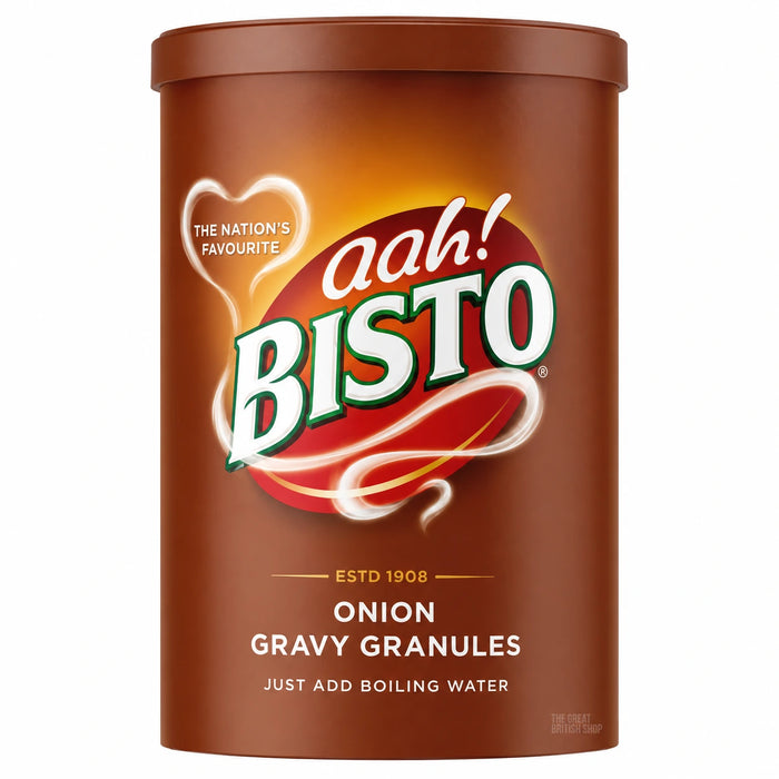 Bisto Onion Gravy Granules 190g, brown cylinder with a brown lid and red Bisto logo.