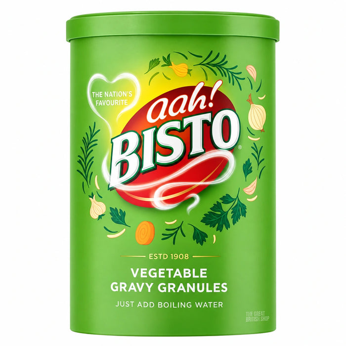 Bisto Vegetable Gravy Granules 190g, green cylinder with vegetable and herb illustrations.