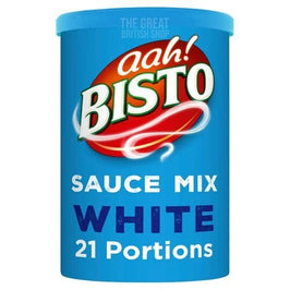 Bisto White Sauce Mix 21 Portions 190g, front of the blue tub showing the logo.