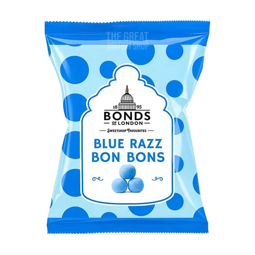 Bonds Blue Razz Bon Bons 110g: front of the polka dot pack showing three blue sweets.